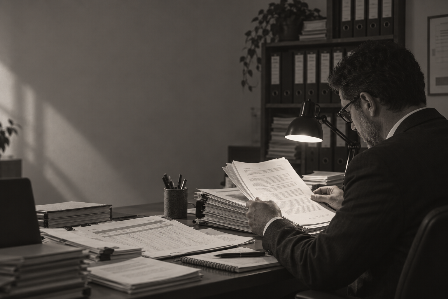 Profissional analisa, sob a luz de uma luminária, pilhas de documentos e relatórios de jornada.
