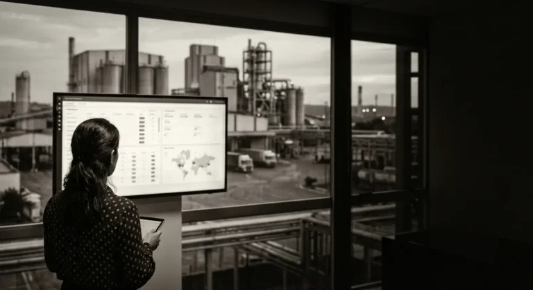 Gestora de DP acompanhando o controle de jornada de várias unidades industriais em um painel digital